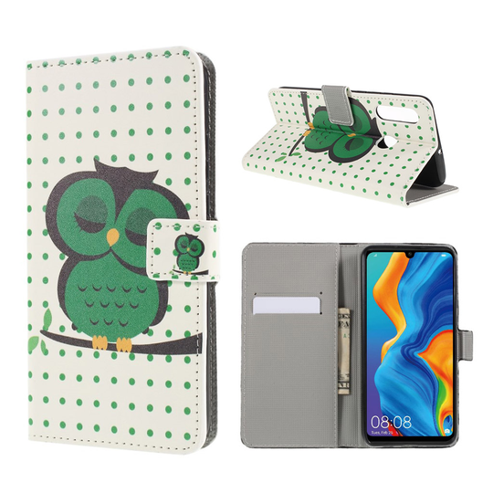 Huawei P30 Lite kuvioitu nahkainen flip suojakotelo - Nukkuva Pöllö