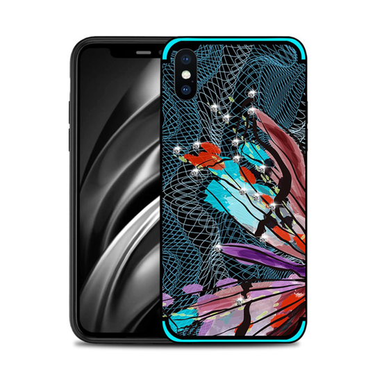 iPhone Xs Max NXE sudenkorento kuviollinen silikooni muovinen takasuoja kuori missä tekojalokivet - Cyaani