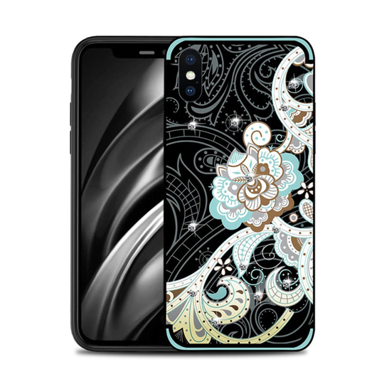 iPhone Xs Max NXE kukka kuviollinen silikooni muovinen takasuoja kuori missä tekojalokivet - Sininen