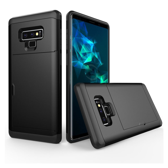 Samsung Galaxy Note9 Kova Sekä Pehmeä Hybriidi Muovinen Takasuoja Kuori Korttipaikalla - Musta