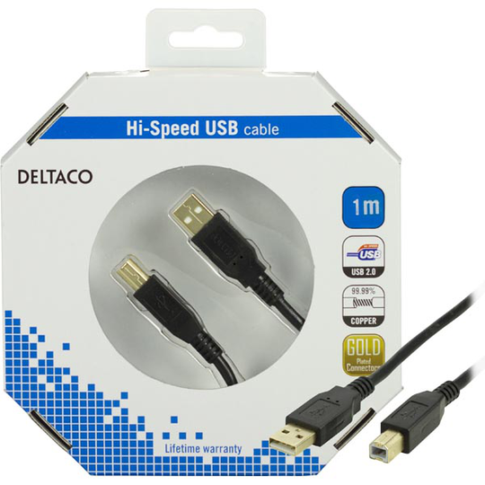 DELTACO USB 2.0 kaapeli Tyyppi A Uros -Tyyppi B Uros 1m beige/musta