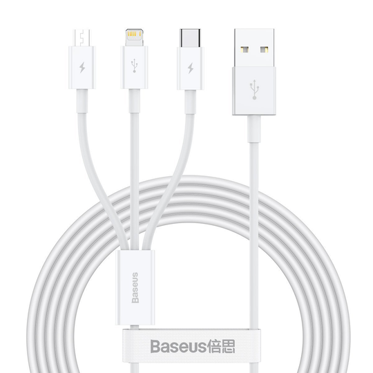 Baseus 3 in 1 kaapeli - USB-C micro-USB ja Lightning 3.5A - 1.5m - Valkoinen
