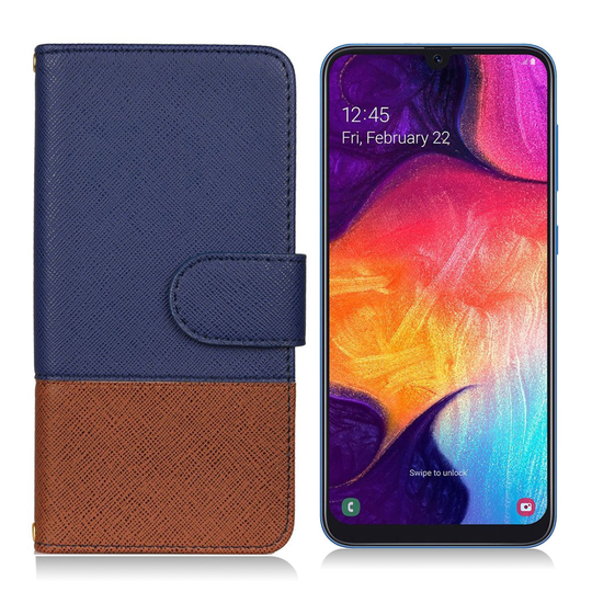 Samsung Galaxy A50 kontrasti väri nahkainen suojakotelo - Tummansininen