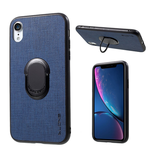 iPhone Xr kangas rakenne synteetti nahka pinnoitettu muovinen suojakuori jalkatuella - Sininen