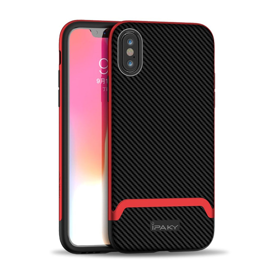 iPhone 9 Plus IPAKY Puskuri Muovinen Takasuoja Kuori Hiilikuitu Harjatulla Pinnalla - Musta/ Punainen