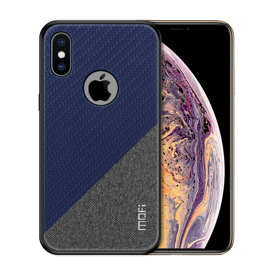 iPhone XS kaksisävyinen MOFI hybriidi muovinen suojakuori kudotulla synteetti nahalla - Sininen