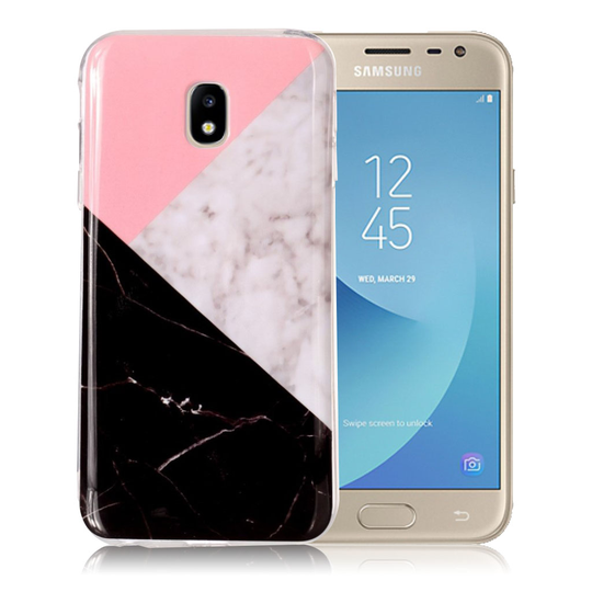 Samsung Galaxy J3 (2017) Marmori Rakenne TPU Pehmeä IMD Kuvallinen Takasuoja Kuori - Pinkki/ Musta/ Valkoinen
