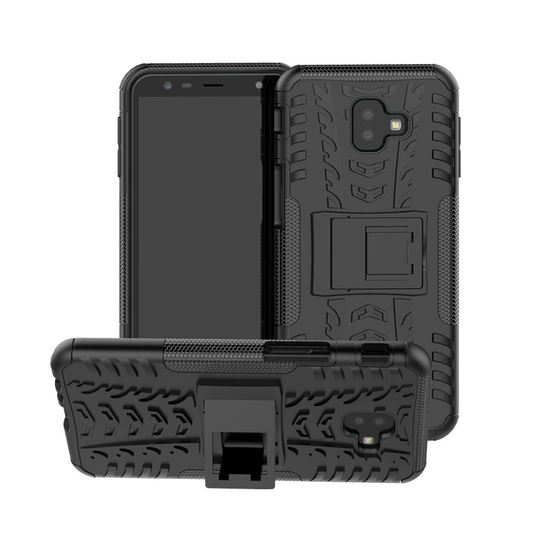 Samsung Galaxy J6 Plus (2018) hybriidi muovinen liukuestoinen takasuoja kuori jalkatuella - Musta