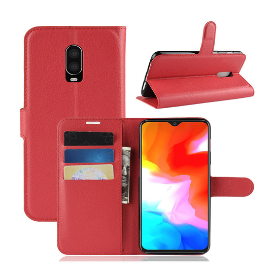 OnePlus 6T liitsihedelmä pintainen synteetti nahkainen lompakko suojakotelo - Punainen