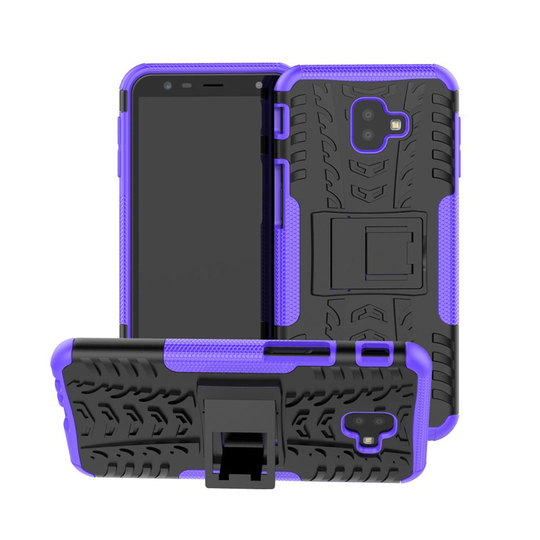 Samsung Galaxy J6 Plus (2018) hybriidi muovinen liukuestoinen takasuoja kuori jalkatuella - Violetti