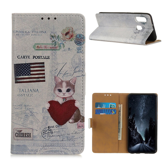 Samsung Galaxy A20e pattern leather case - Cat Holding Heart and American Flag