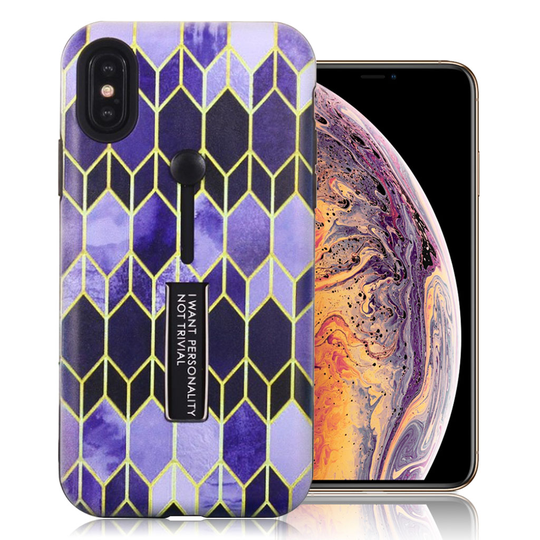 iPhone Xs Max vinoneliö kuviollinen hybriidi muovinen takasuoja kuori jalkatuella - Violetti