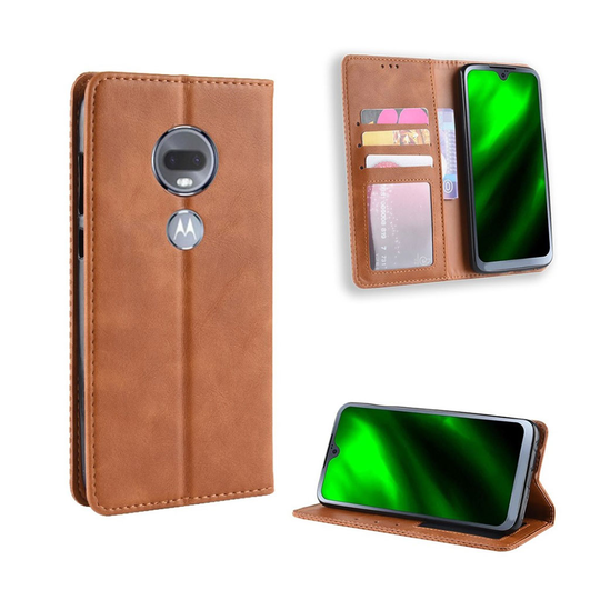 Motorola Moto G7 auto-absorbed vintage tyylinen nahkainen flip suojakotelo - Ruskea