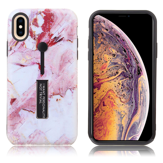 iPhone Xs Max Marmori kohokuviollinen hybriidi muovinen takasuoja kuori jalkatuella - Pinkki/ Valkoinen