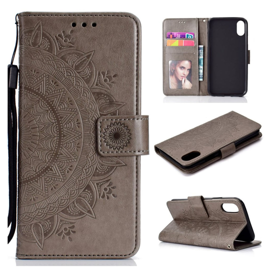 iPhone 9 Plus Mandala Printti Kuviollinen Synteetti Nahkainen Lompakko Suojakotelo - Harmaa