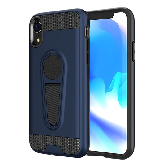 iPhone 9 Hiilikuitu Harjattu Hybriidi Muovinen Takasuoja Kuori Jalkatuella - Tumman Sininen