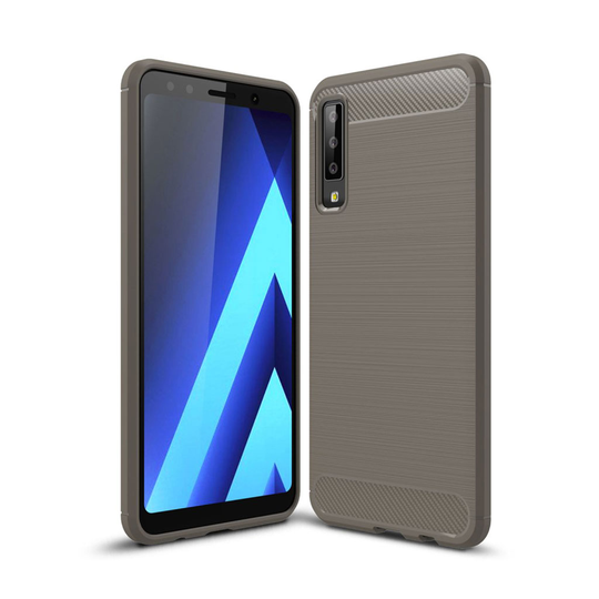 Samsung Galaxy A7 (2018) hiilikuitu harjattu pintainen silikooni muovinen joustava takasuoja kuori - Harmaa