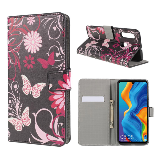 Huawei P30 Lite kuvioitu nahkainen flip suojakotelo - Perhoset ja Kukat