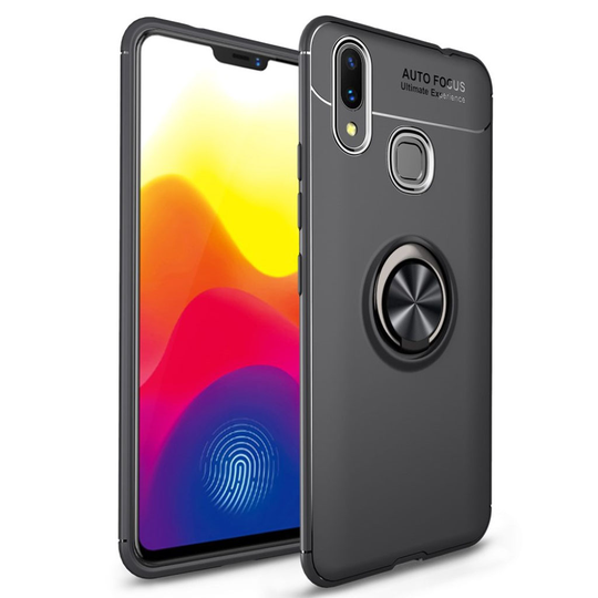 Huawei P Smart Plus silikooni muovinen pehmeä takasuoja kuori sormirenkaalla - Musta