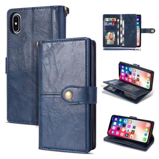 iPhone 9 Plus Retro Tyylinen Synteetti Nahkainen Lompakko Kotelo Näppäin Lukolla - Sininen