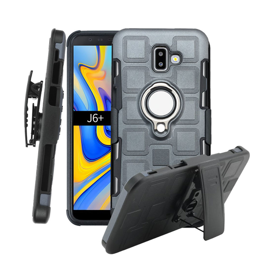 Samsung Galaxy J6 Plus (2018) hybriidi takasuoja kuori kuviollisesta muovista missä sormirengas ja vyöklipsi jalkatuki - Harmaa