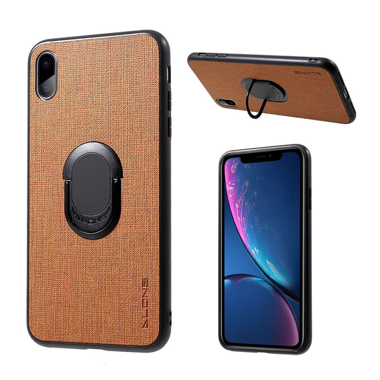 iPhone Xs Max hybriidi suojakuori muovipohjalla ja kangas rakenne synteetti nahalla jalkatuella - Ruskea