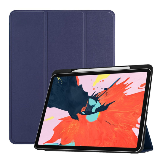 iPad Pro 12.9 inch (2018) taivutettava synteetti nahkainen suojakotelo kynäpaikalla - Tumman Sininen