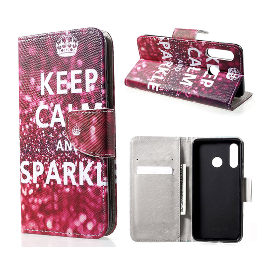 Huawei P30 Lite kuvioitu nahkainen flip suojakotelo - Keep Calm ja Sparkle
