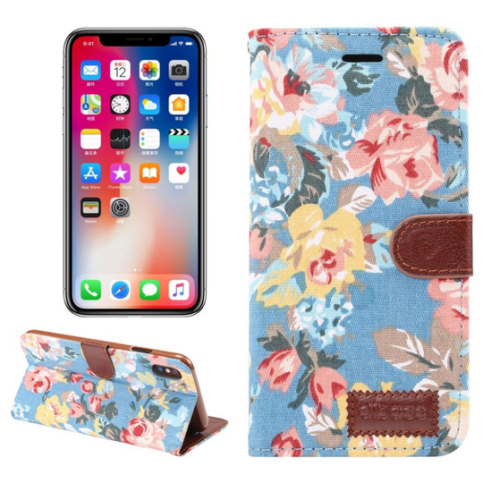 iPhone 9 Plus Kukka Kangas Pinnoitettu Synteetti Nahkainen Lompakko Suojakotelo - Sininen