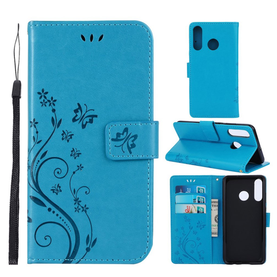 Huawei P30 Lite printti Perhonen Kukka nahkainen suojakotelo - Sininen