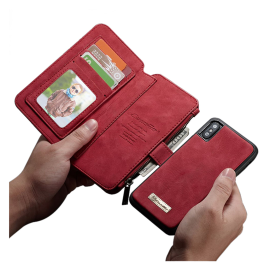 iPhone XS CASEME 2in1 haljais nahkainen lompakko suojakotelo missä useat kortti paikat ja kolikko tasku - Punainen