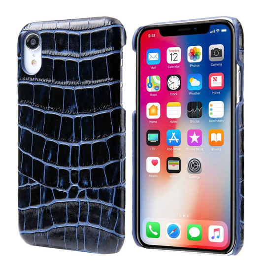 iPhone Xr kova muovinen takasuoja kuori krokotiili rakenne synteetti nahalla - Sininen