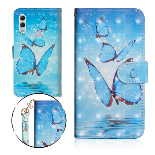 Huawei P Smart 2019 vaalea piste koriste nahkainen flip Suojakotelo - Sininen Perhonen