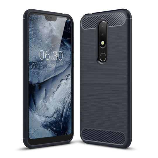 Nokia 6.1 Plus Hiilikuitu Harjattu Pintainen Pehmeä Muovinen Takasuoja Kuori - Tumman Sininen