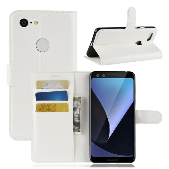 Google Pixel 3 Liitsihedelmän Jyvä Pintainen Synteetti Nahkainen Lomapkko Suojakotelo - Valkoinen