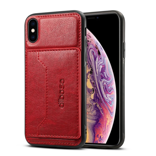 iPhone XS kova muovinen synteetti nahkainen takasuojakuori kortti paikalla - Punainen