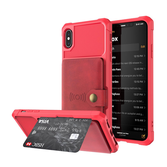 iPhone Xs Max muovinen takasuoja kuori synteetti nahka lompakolla ja magneetilla - Punainen