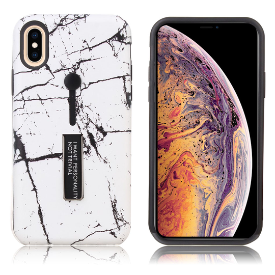 iPhone Xs Max Marmori kohokuviollinen hybriidi muovinen takasuoja kuori jalkatuella - Musta/ Valkoinen
