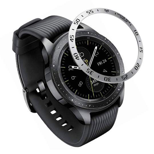 Samsung Galaxy Watch (42mm) stainless steel bezel - Silver Ring Black Text