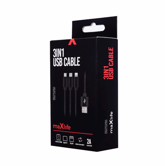 Maxlife 3in1 Nylon Micro USB / Type-C / Lightning Fast Charge kaapeli 2.1A musta