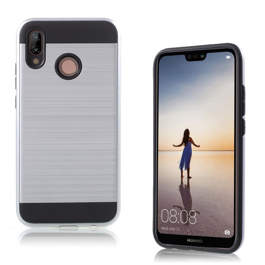 Huawei P20 Lite Hiilikuitu Harjattu Hybriidi PC Ja TPU Muovi Takasuoja Kuori - Hopea