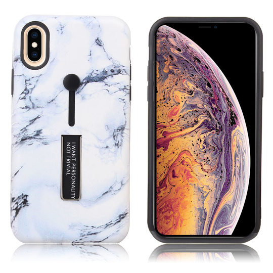 iPhone Xs Max Marmori kohokuviollinen hybriidi muovinen takasuoja kuori jalkatuella - Sininen/ Valkoinen