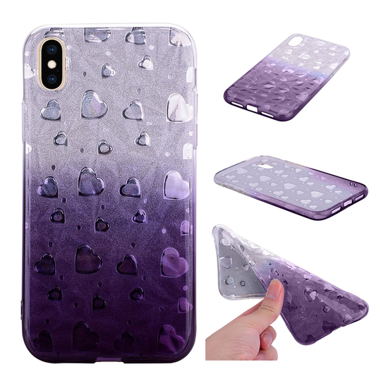 iPhone 9 Plus Metallinen Värikäs 3D kuviollinen Pehmeä Muovinen Takasuoja Kuori Sydämillä - Tumman Violetti