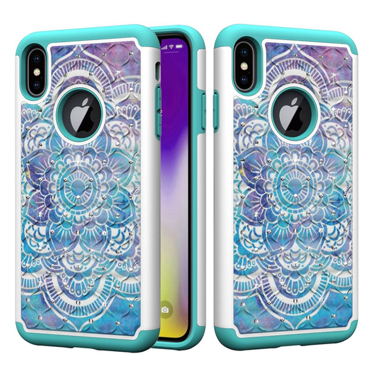iPhone Xs Max Tekojalokivi koristeltu kuviollinen hybriidi muovinen takasuoja kuori - Mandala