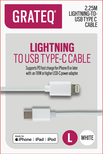 GRATEQ MFI LIGHTNING USB-C KAAPELI 2.25M PD