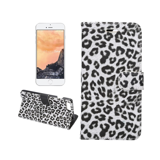 Phone 7 Plus / 8 Plus Leopardi Nahkakotelo Lompakko - Valkoinen