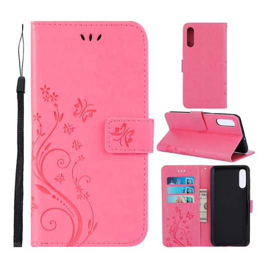 Samsung Galaxy A50 imprint butterfly flower leather case - Pink