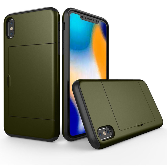 iPhone 9 Plus Hybriidi Matta Metalli Muovinen Takasuoja Kuori Kortti Paikalla - Tumman Vihreä