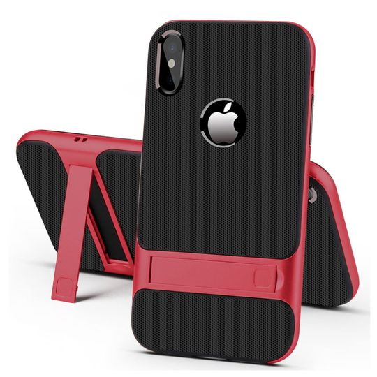 iPhone Xs Max ELEGANCE harjattu pintainen hybriidi muovinen takasuoja kuori jalkatuella - Punainen