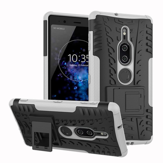 Sony Xperia XZ2 Premium 2 in 1 Hybrridi Rengas Muovinen Takasuoja Kuori Jalkatuella - Valkoinen